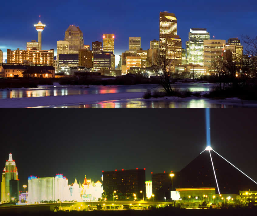(Upper Photo) Calgary, AB, home to GPS City Canada  (Lower Photo) Las Vegas, NV, home to GPS City USA